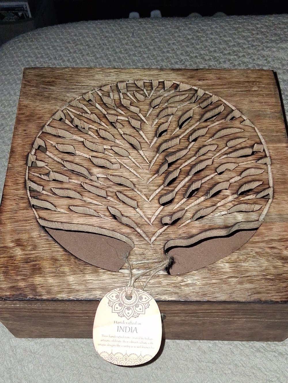 India Handcrafted Wooden Tree of Life Jewelry Box - Natural Brown